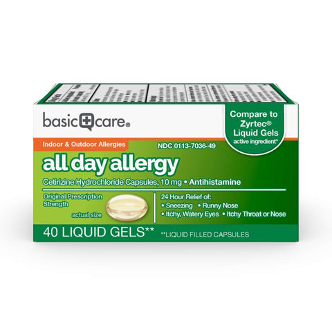 Amazon Basic Care All Day Allergy Medicine, 24 Hour Allergy Liquid Gels Capsule, Cetirizine Hydrochloride, 10 mg, Antihistamine, 40 Count