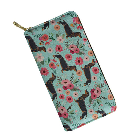 UFDIS Dachshund Dog Flower Blossoms Print Women Girls Leather RFID Wallet Zipper Clutch Hand Purse Card Phone Holder