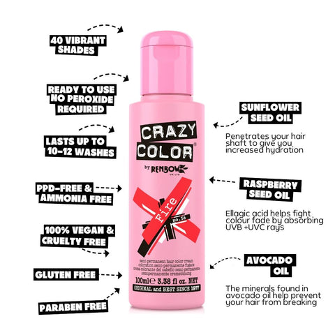 Crazy Color Vibrant Fire Semi-Permanent Duo Hair Dye. Highly Pigmented Pillarbox Red Conditioning & Oil Nourishing Vegan Formula | No Bleach or Ammonia | 200ml