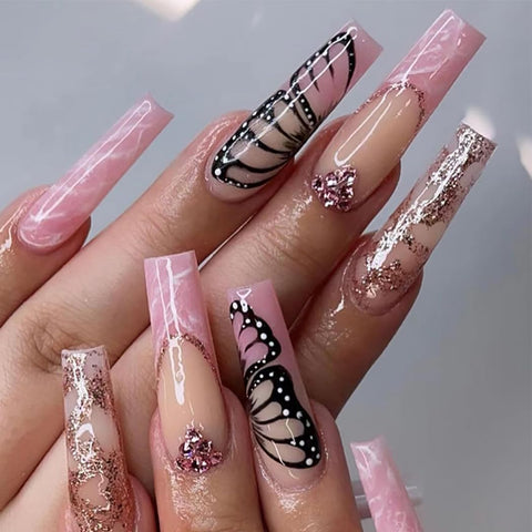 Brishow Coffin False Nails French Butterfly Press on Nails Pink Long Stick on Nails Ballerina Acrylic Fake Nails 24pcs for Women and Girls