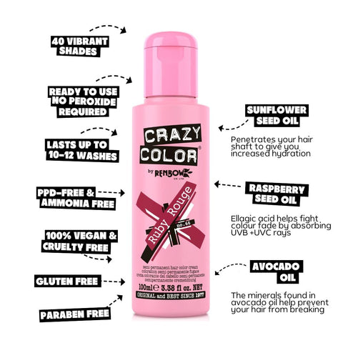 Crazy Color Vibrant Ruby Rouge Semi-Permanent Duo Hair Dye. Highly Pigmented Wine Red/Plum Conditioning & Oil Nourishing Vegan Formula | No Bleach or Ammonia | 200ml