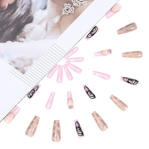 Brishow Coffin False Nails French Butterfly Press on Nails Pink Long Stick on Nails Ballerina Acrylic Fake Nails 24pcs for Women and Girls