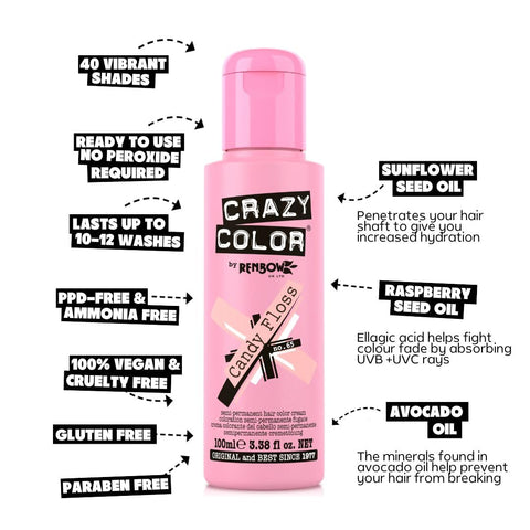 Crazy Color Vibrant Candy Floss Semi-Permanent Duo Hair Dye. Highly Pigmented Pastel Pink Conditioning & Oil Nourishing Vegan Formula | No Bleach or Ammonia | 200ml