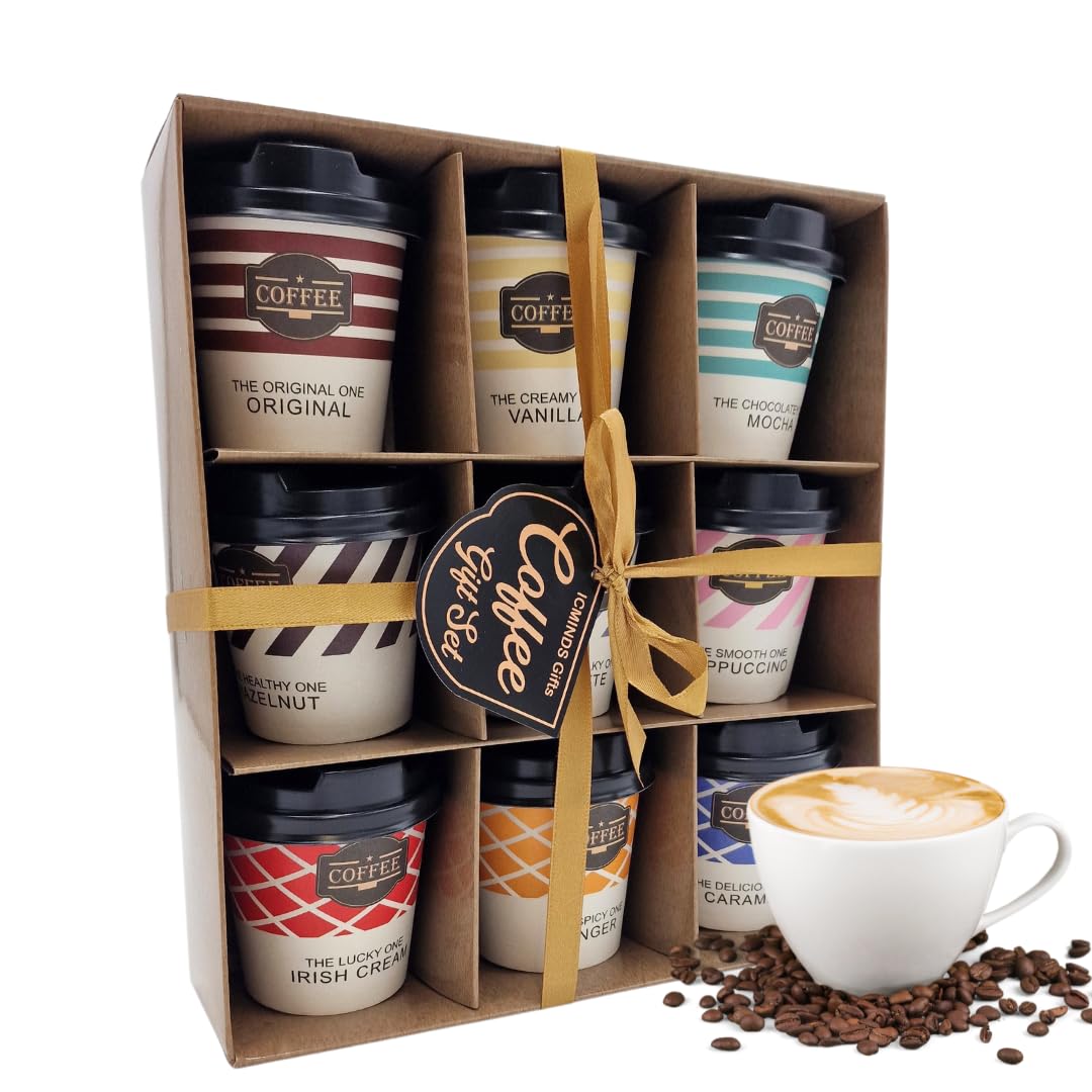 Coffee Gift Set 9 Flavoured Coffee Gift Set for Women Travel Takeout Cups Gift Set for Adults Includes Irish Cream Caramel Vanilla Flavour and More