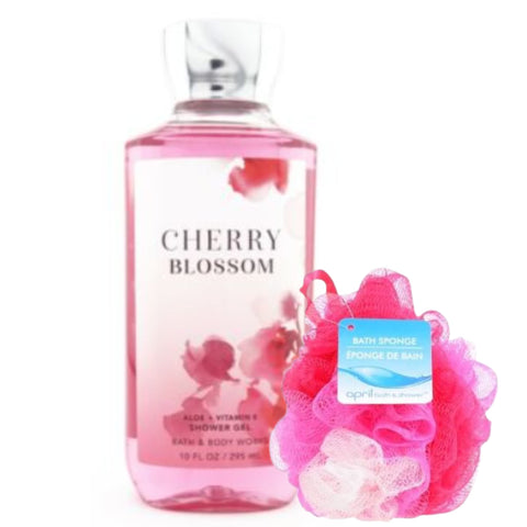 Bath & Body Works and Gift Set Bundle with Shower Gel Soap and Loofah Sponge Pouf - (Cherry Blossom)