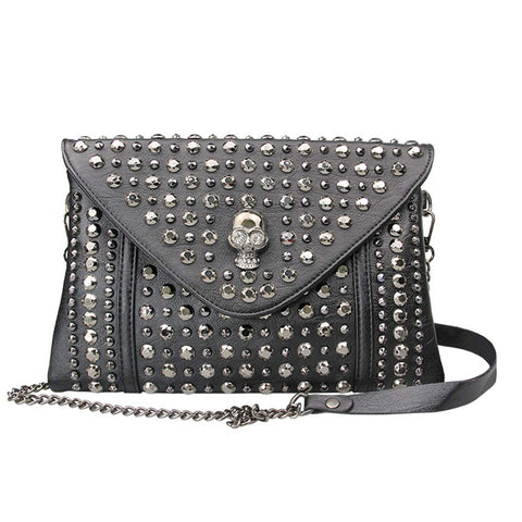 Chikencall® Envelope Clutch Vintage Gothic Skull Punk Handbags Studded Leather Purse Crossbody Bag with Chain Strap Black