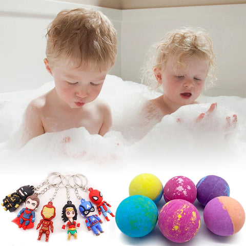 Bath Bombs for Kids with Surprise Toys Inside Superhero Keychain Toys Inside 6 Pcs Large Bath Bombs Natual Fizzy Bubble Colorful Kids Bath Bombs, Birthday Christmas Gifts Set for Boys & Girls