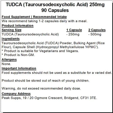 TUDCA 250mg Capsules - Bile Salt - Tauroursodeoxycholic Acid (90 Capsules)