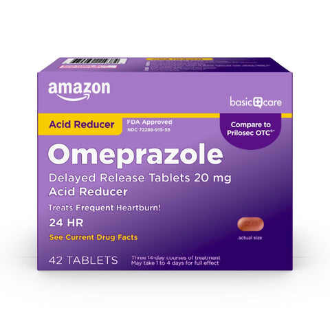 Amazon Basic Care Omeprazole Delayed Release Tablets 20 mg, Treats Frequent Heartburn, Acid Reducer, Heartburn Medicine, 42 Count (Pack of 1)