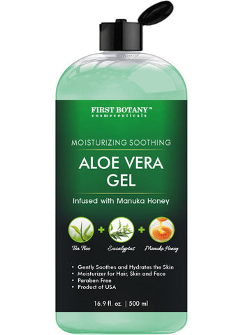 First Botany, Aloe vera gel from 100% Pure Aloe, Natural Raw Moisturizer with Tea tree oil Eucalyptus oil & Manuka Honey for Hand Sanitizing Gel, Skin Care, Hair Care Sunburn Acne & Eczema, 500 ml