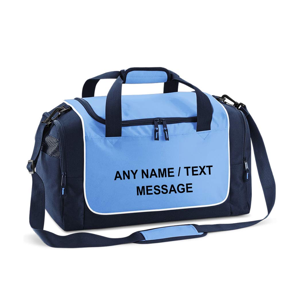 Personalised with your own Text/Message/Any name themed Team wear Gym Bag Locker Bag Plain Holdall Kit Unisex Backpack Dance/Ballet/Weekend Bag. (Sky Blue Navy White)