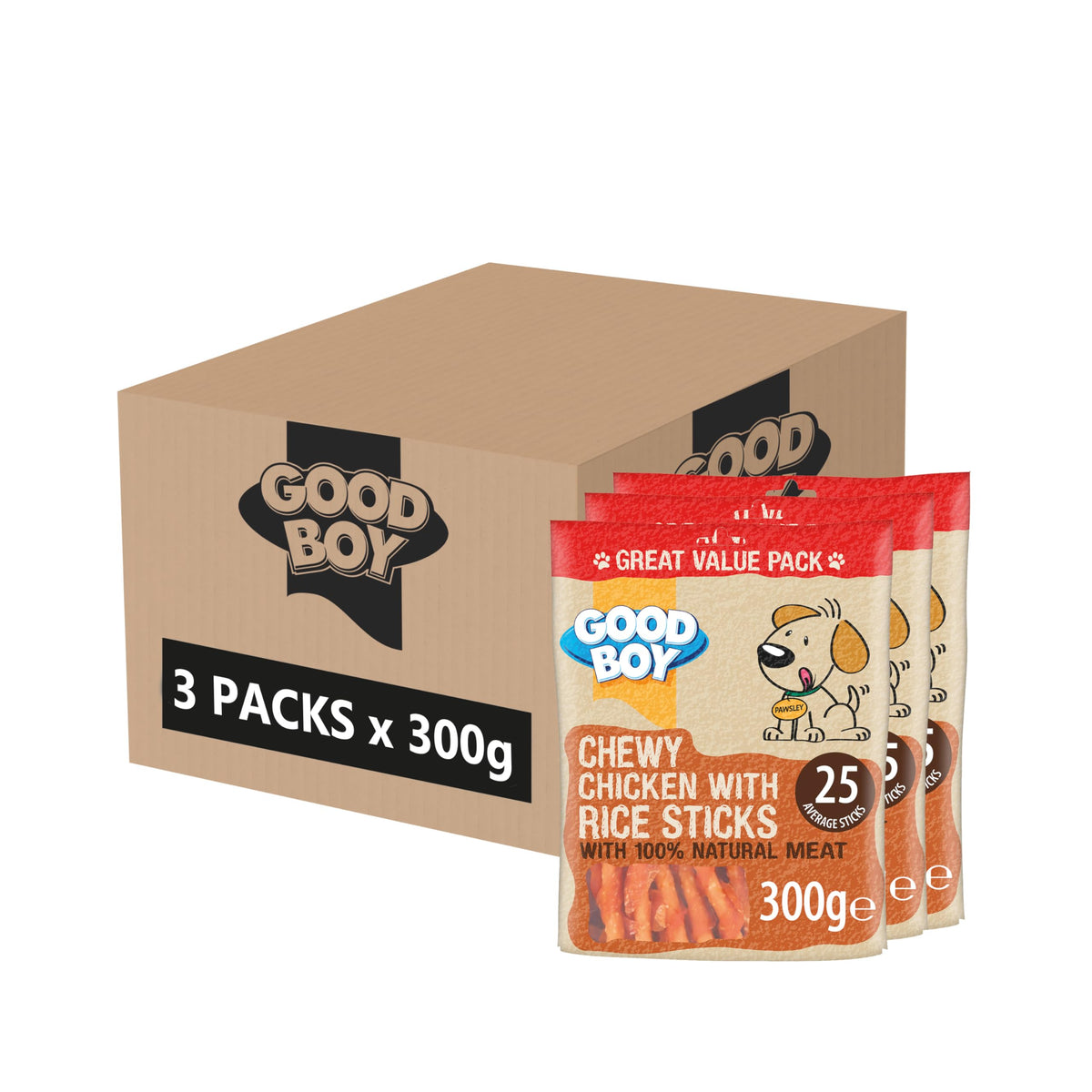 Good Boy Pawsley Dog Treats Chicken & Rice Sticks Box of 3 x 300g