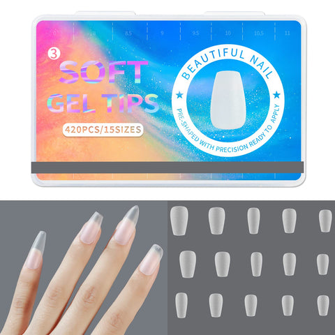420PCS Soft Gel Full Cover Nail Tips,15 Sizes Gel Nail Tips Full Cover False Nail Artificial Nails with Case,Qiwey Short Coffin Frosted Gel Nail Extensions for Nail Salons and DIY Nail Art