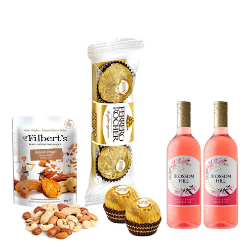 Mothers day gifts filled with ferrore roche, borders biscuits gifts & nuts - mothers day gifts, valentines day gift, gift for her or present for her - rose wine and chocolates gift set