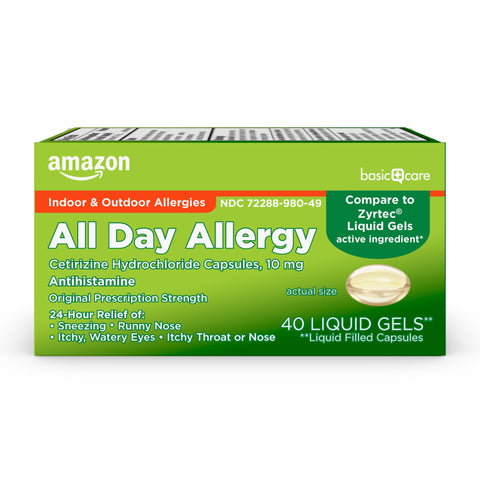 Amazon Basic Care All Day Allergy Medicine, 24 Hour Allergy Liquid Gels Capsule, Cetirizine Hydrochloride, 10 mg, Antihistamine, 40 Count