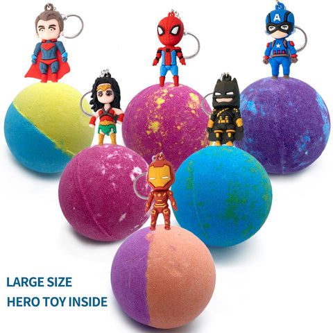 Bath Bombs for Kids with Surprise Toys Inside Superhero Keychain Toys Inside 6 Pcs Large Bath Bombs Natual Fizzy Bubble Colorful Kids Bath Bombs, Birthday Christmas Gifts Set for Boys & Girls