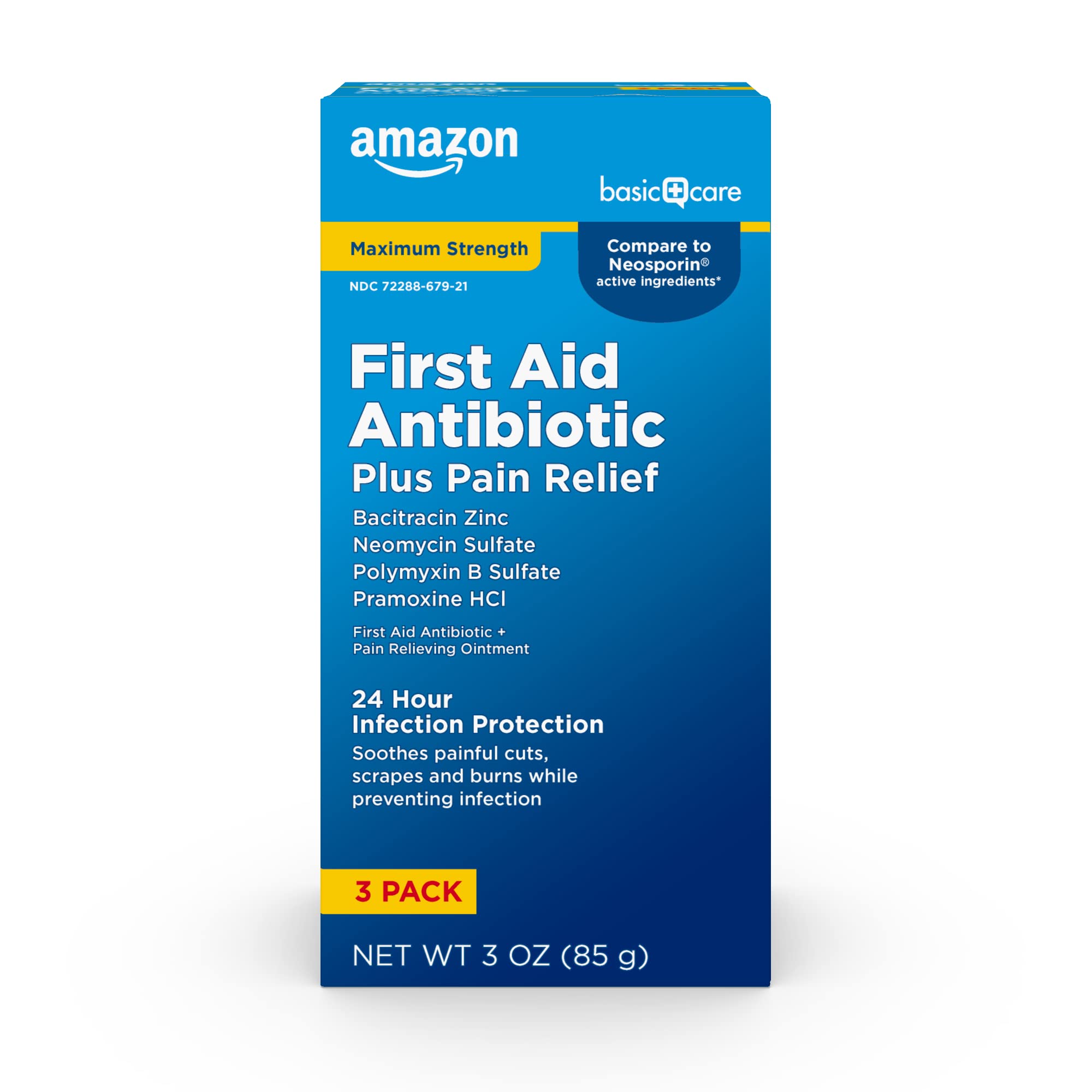 Amazon Basic Care Maximum Strength First Aid Triple Antibiotic Ointment, Pain Relief For Minor Cuts, Scrapes and Burns, 3 Ounces