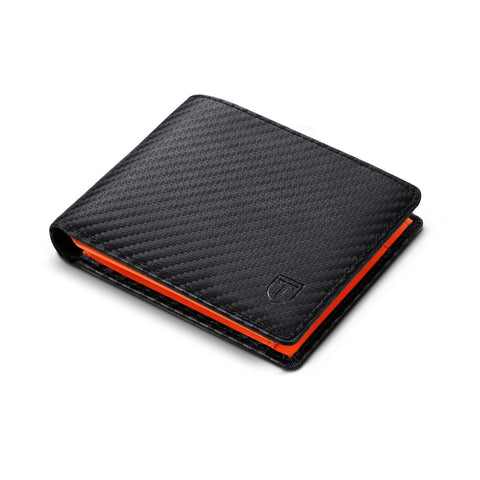 TEEHON® Mens Wallets RFID Blocking Carbon Fibre Leather Wallets for Men UK with 9 Card Slots, Coin Pocket, 2 Banknote Compartments, Trifold Mens Wallet with Gift Box -Black & Orange