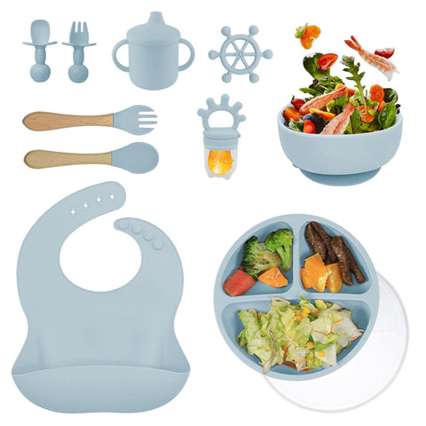 Silicone Baby Weaning Set,Toddler Feeding Set 12 Pcs Baby Bowl Self Eating Utensils with Fruit Feeder, with Suction Plate Bowl, Fork, Spoon & Nipple Sippy Cup, Adjustable Bib,Baby Teething Toys