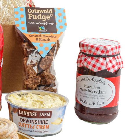 Afternoon Tea Hamper | British Gift Hamper | Sweat & Savoury Treats | Includes Scones, Clotted Cream, Strawberry Jam, Biscuits, Teabags, Dundee Cake, Tea Caddy, Fudge, Plum Bread & Butter | Food Gifts