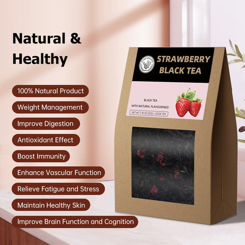 HANFANGLING Strawberry Black Tea, 100% Natural Loose Leaf, Promote Metabolism, Maintain Healthy Skin, Blend Of Strawberry Fruit Flavor And Black Tea Aroma