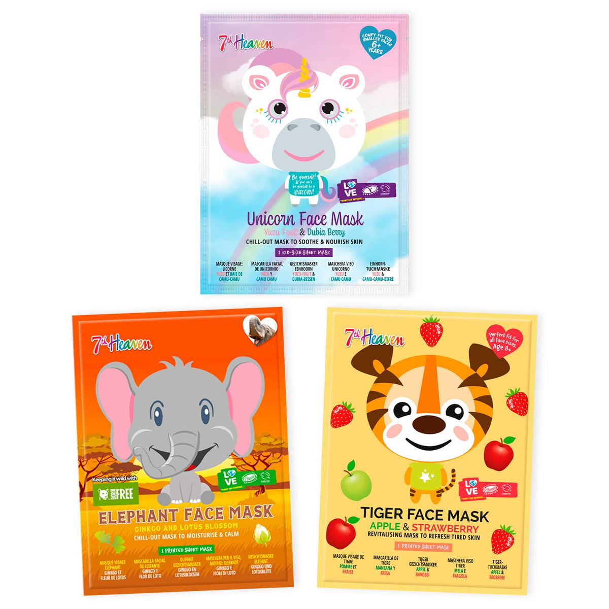 7th Heaven Pamper Pals Kids Skincare Set - 3 x Fun Animal Printed Sheet Face Masks (Ages 8+) - With Unicorn, Tiger and Elephant Easy Use Face Mask Sheets to Moisturise & Refresh
