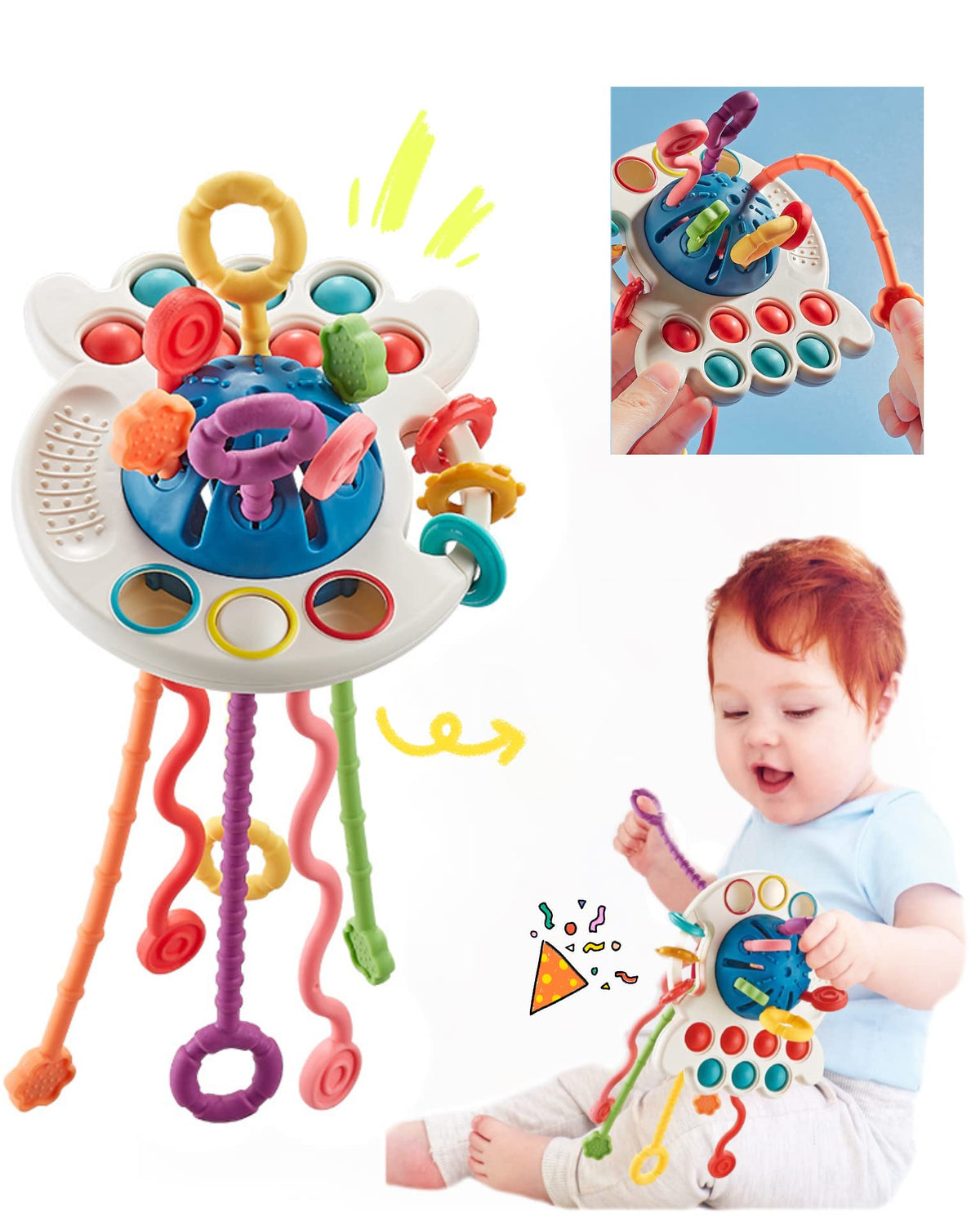 18M+Infant Montessori Toys, Children's Sensory Toys, Flying Saucers, Food-Grade Silicone Cable Activity Toys, Baby Travel Bathing Toys, Baby and Children's Dental Toys