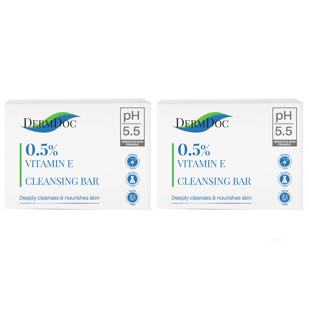 Dermdoc 0.5% Vitamin E Cleansing Bar | 75 g (Pack of 2) | ph 5.5 Soap | Mild Gentle Cleansing Bar | Moisturizing Soap | Ideal For Sensitive Skin | Alkali, Paraben & Soap Free