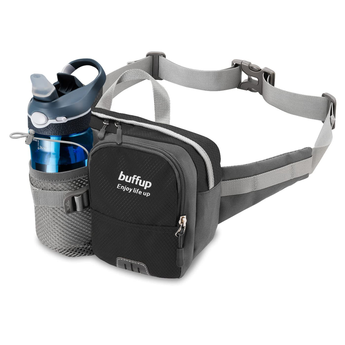 buffup® Bum Bag with Bottle Holder, Waterproof Large Capacity Zip Pockets, Waist Fanny Pack for Dog Walking, Climbing, Hiking, Travel, Cycling, Outdoor Sports (Black)
