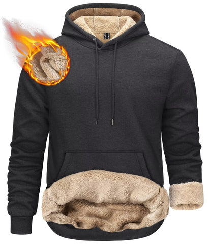 KEFITEVD Mens Pullover Winter Plain Hoodie with Drawstring Winter Thick Sweat Jacket Sherpa Lined Casual Jacket with Kangaroo Pocket,Dark Grey,XL