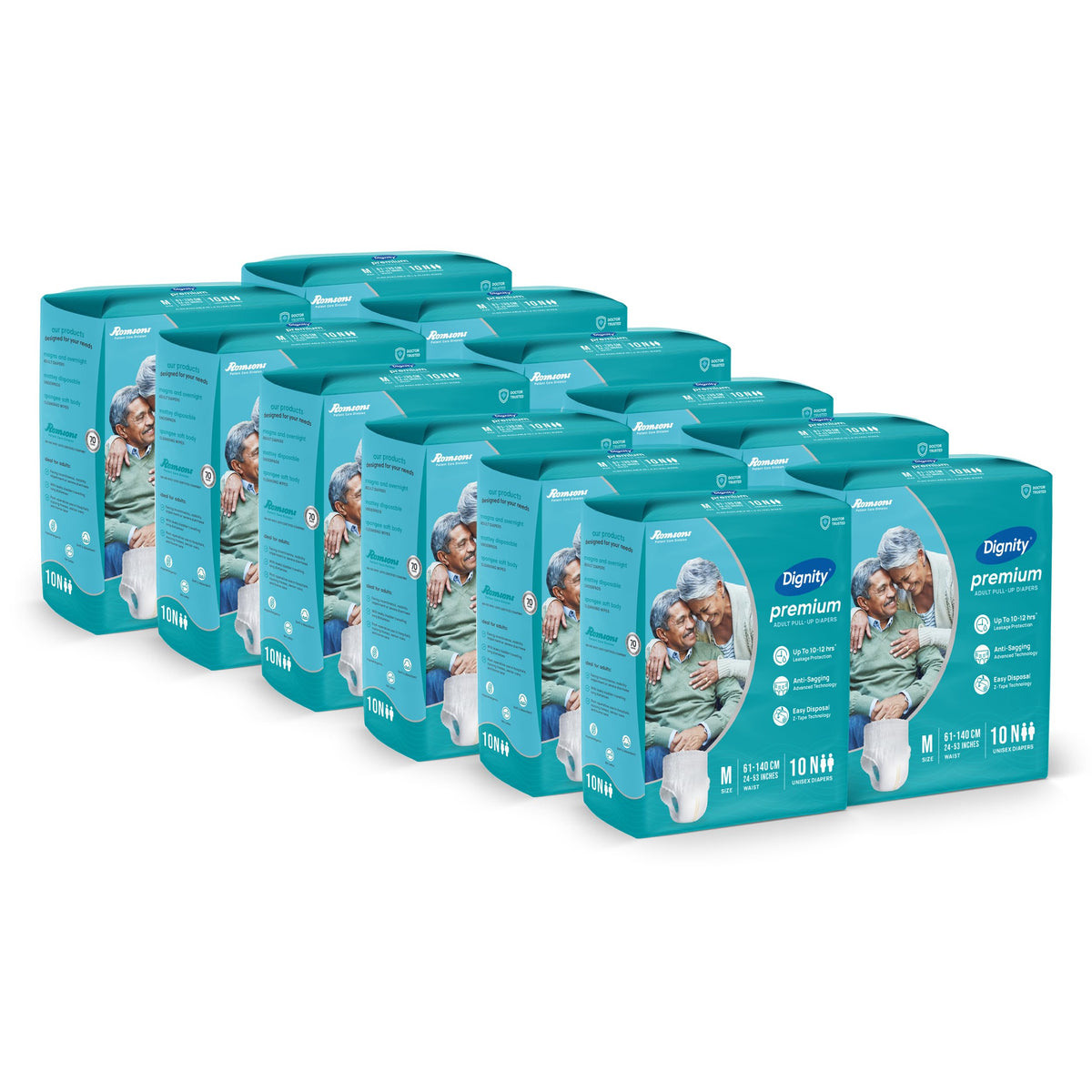 Dignity Premium Pull Up Adult Diapers Pant Style - 120 Count (Large) with Soft Elastic and Extra Absorbent Core, Waist Size 34" - 59", 10 Pcs/Pack (Pack of 12)