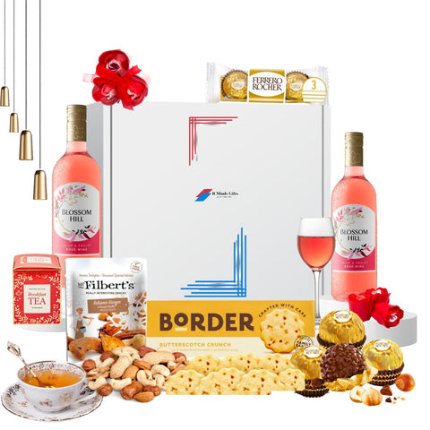 Mothers day gifts filled with ferrore roche, borders biscuits gifts & nuts - mothers day gifts, valentines day gift, gift for her or present for her - rose wine and chocolates gift set