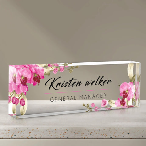 Gowelly Desk Name Plate Personalized, Custom Name Plate for Desk, Personalized Acrylic Name Plates for Desk Decorations Gift, Office Gifts for Coworkers Employees Boss,Teacher,Social Worker (Orchids)