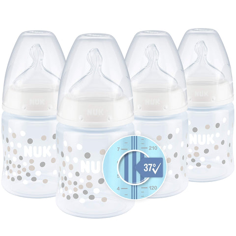 NUK First Choice Baby Bottles, Anti-Colic, 0-6 Months Silicone Teat, Temperature Control, BPA Free, 150 ml, 4 Count