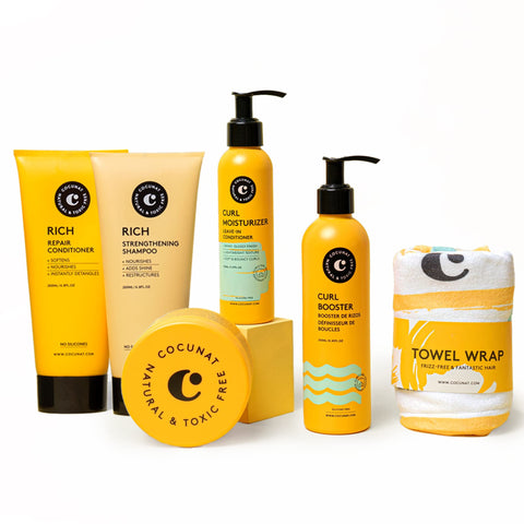 COCUNAT |Curls Care & Nutrition Bundle |Curly Hair Care using the entire Curly Girl Method:Cleansing, Hydration, Nourishment and Definition |Curly Girl Method | 250 ml, 150 ml, 200 ml, 200 ml, 200 ml