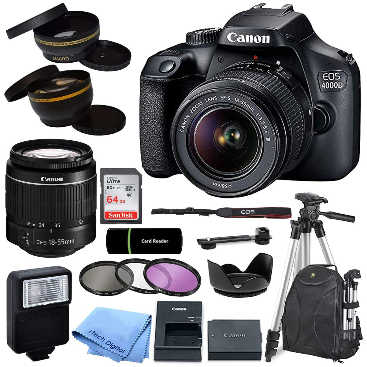  Canon EOS 4000D DSLR Camera w/Canon EF-S 18-55mm F/3.5-5.6 III  Zoom Lens + Case + 32GB SD Card (15pc Bundle) : Electronics