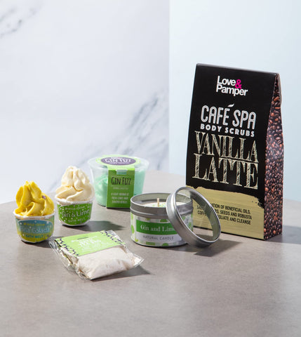 Love & Pamper - Hand Made Bath Body Spa Pamper Gift Set For Women, GIN & LIME Bath Melt and Pina Colada Bath Melt, Gin Fizz Body Exfoliating Mousse, GIN & LIME Candle and Relaxing Bath Tea Bag