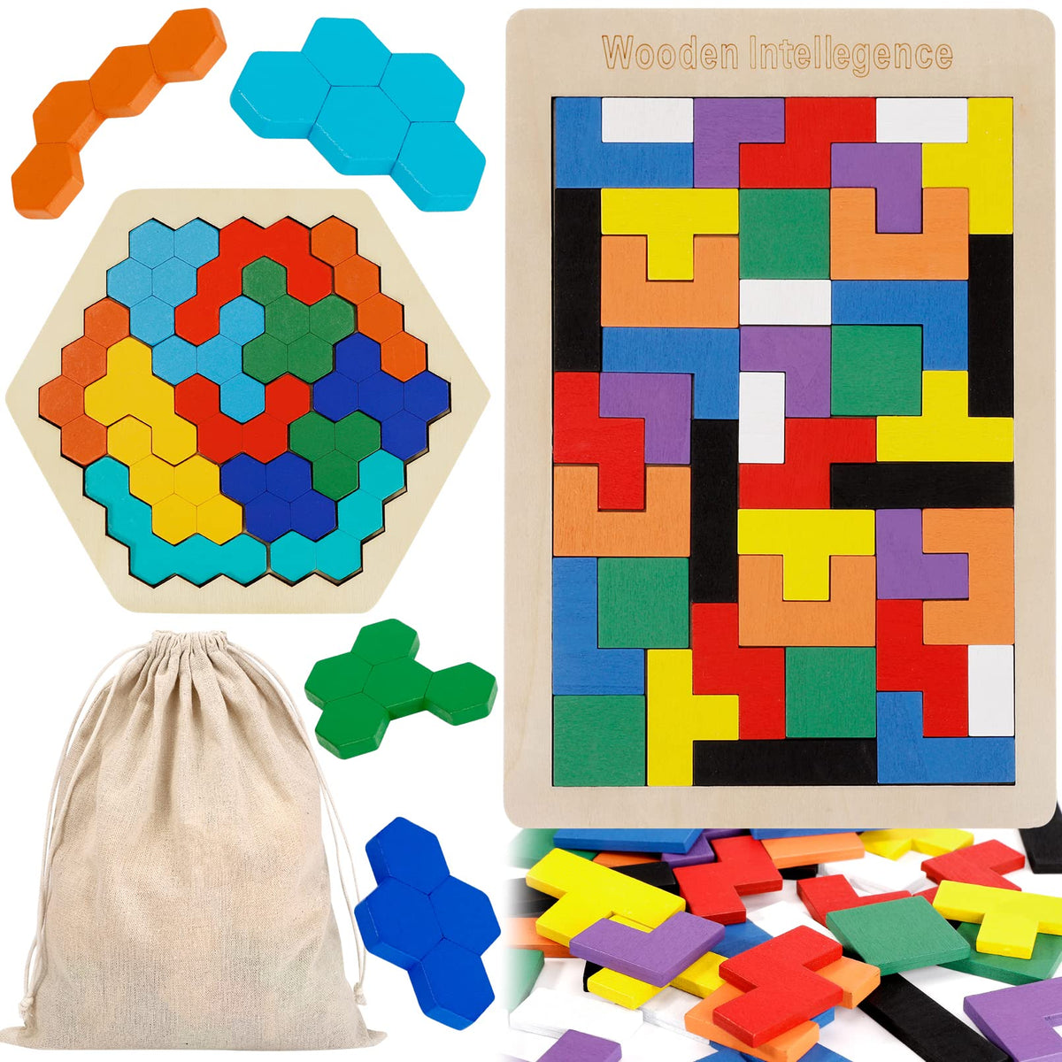 2 Pack Wooden Hexagon Puzzle & Russian Blocks Puzzle,Intelligence Brain Teasers Toy Wooden Puzzle for All Ages Challenge,3D Russian Blocks Logic Game Educational Gift for Kids Adults