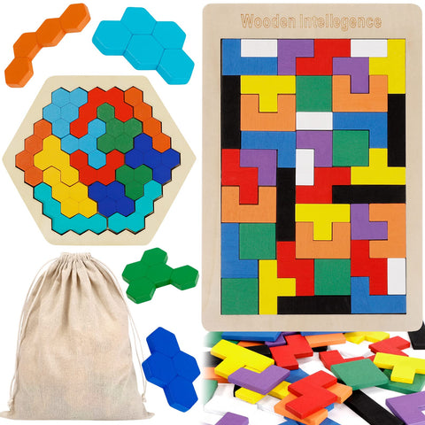 2 Pack Wooden Hexagon Puzzle & Russian Blocks Puzzle,Intelligence Brain Teasers Toy Wooden Puzzle for All Ages Challenge,3D Russian Blocks Logic Game Educational Gift for Kids Adults