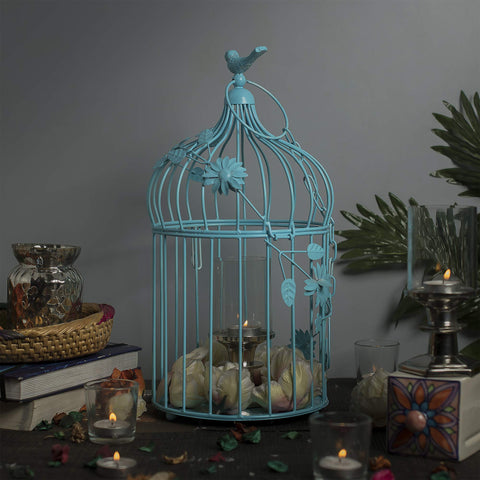 HomesakeÂ® Turquoise Bird Cage with Floral Vine Large Single, with Hanging Chain, Decorative Tealight Candle Holder