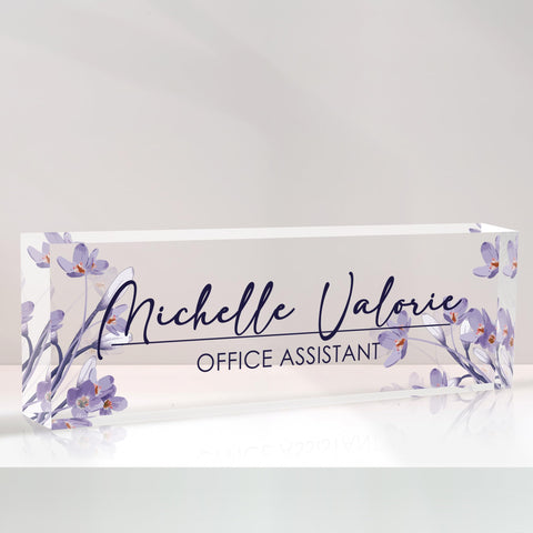 Custom Name Plate for Desk, Desk Name Plate Personalized, Custom Acrylic Name Plate-Office Decor for Coworkers, Boss, Employees, Teacher (A-Purple Flower)