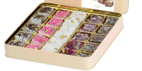 Double Roasted Pistachio Turkish Delight Lokum Dessert Gourmet Gift Box Tin, Luxurious selection of Strawberry, Pomegranate, Coconut and Pasha, 26 pieces, 500g, 18oz