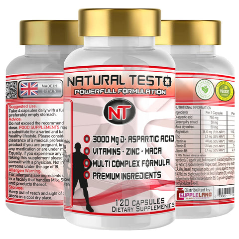SUPPLELAND - Testosterone Booster for Men - 120 Vegan Caps | Contributes to Normal Testo & Muscle Levels - Fights Fatigue | Zinc + Ginseng + Maca + D-Acid aspartic l Testosterone Supplements for Men