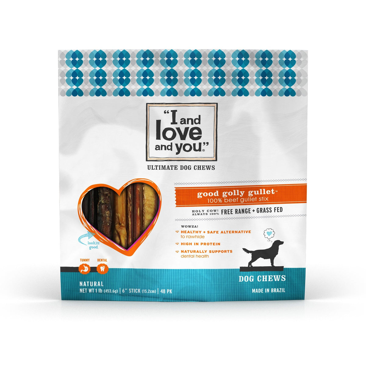 I and love and you Good Golly Beef Gullet Sticks - Grain Free Dog Chews, 100% Beef Gullet, 48 Pack of 6-Inch Sticks