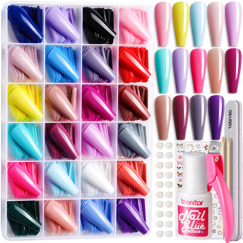 Teenitor 24 Colors False Nails with Glue, Long Coffin Press On Nails Full Cover Stick on Nails, Long Ballerina Coffin Fake Nails with Acrylic Nail Clipper