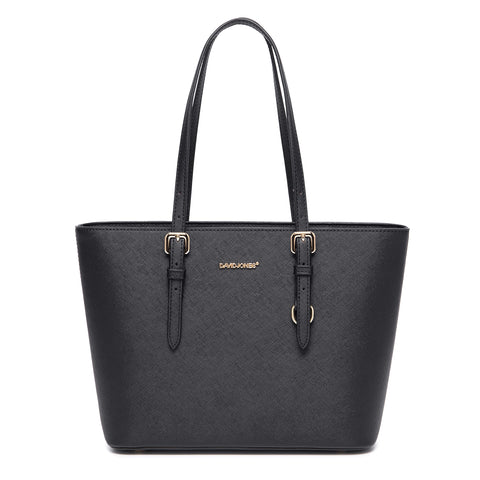 David Jones - Womens Shopping Handbag - Shoulder Bag - PU Leather Long Handle - Shopper Capacity Medium Size - Elegant City Bag - Black