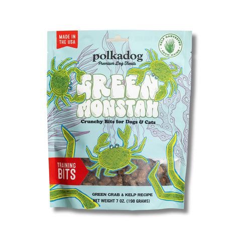 Polkadog Green Monstah Bits Crunchy Treats - Dog Treat for Small & Large Dogs with Vitamin-Rich Kelp, Omega-3, Protein - New England Green Crab & Kelp Blend - Training Size