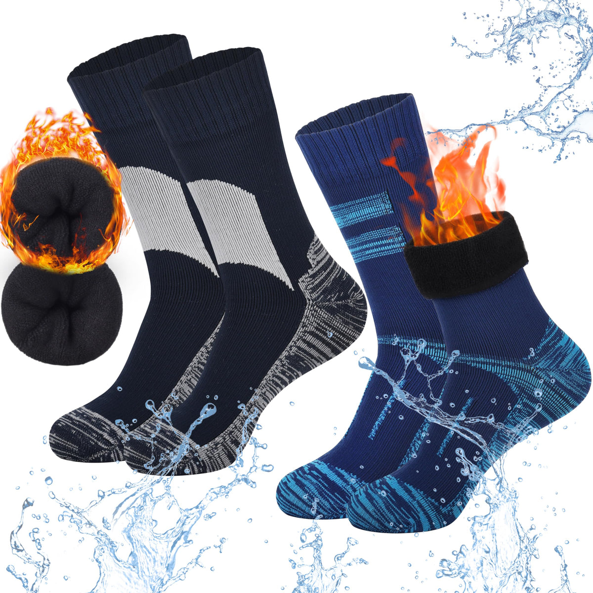 Jeasona 2 Pairs Waterproof Thermal Socks Mens 9-11 Waterproof Socks Men Rowing Running Biking Golf Work Waterproof Winter Walking Socks Mens