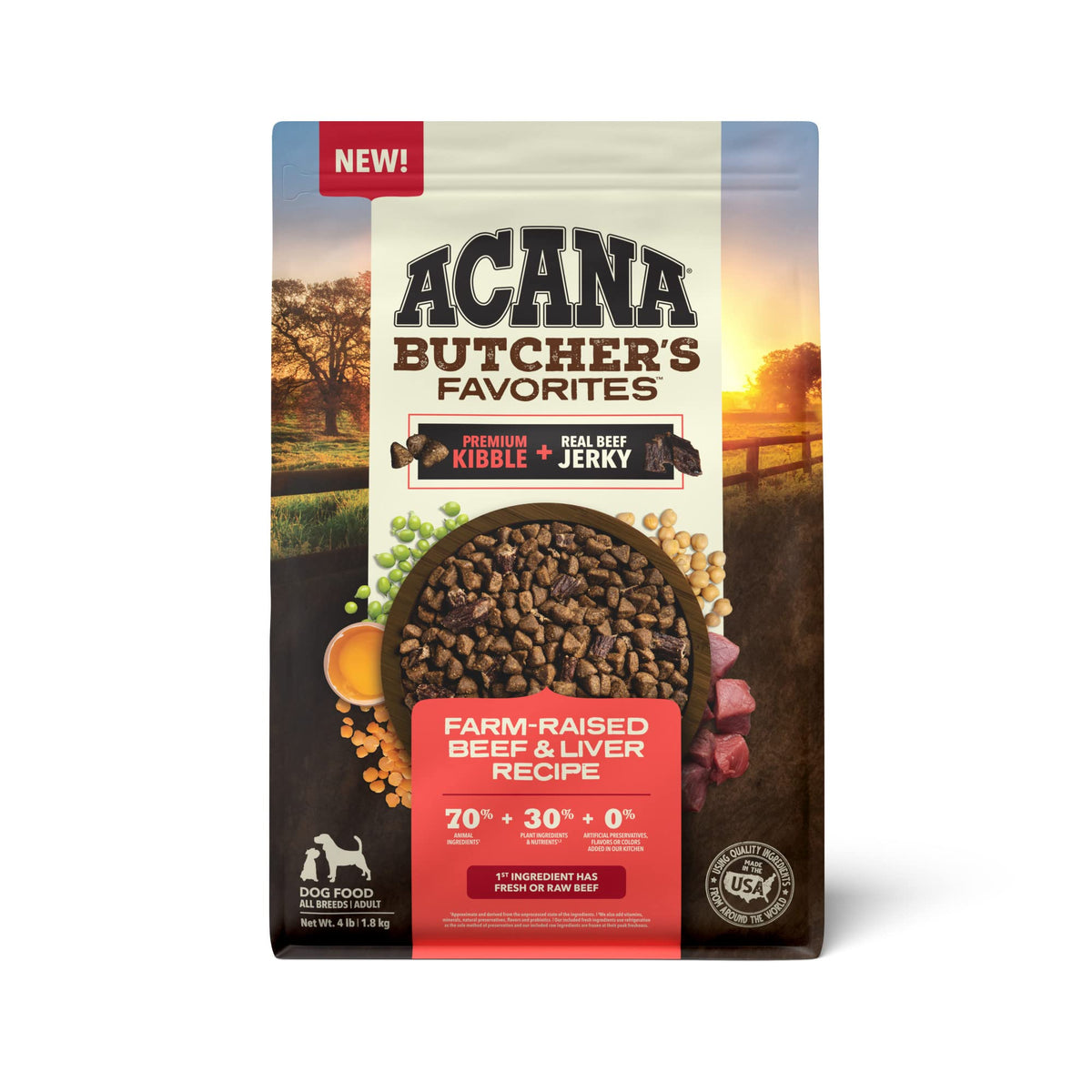 ACANA Butcher's Favorites Dry Dog Food, Farm-Raised Beef & Liver Recipe, Dry Kibble and Beef Jerky Pieces, 4lb