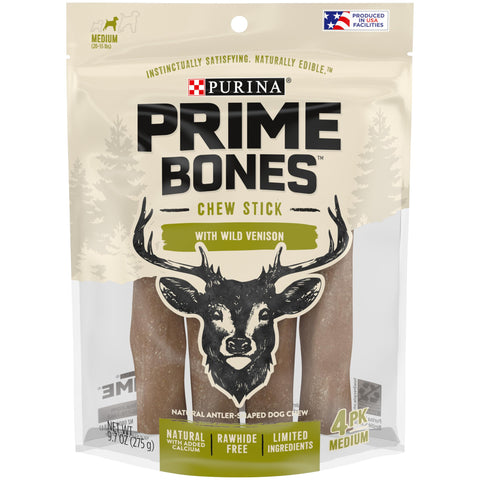 Purina Prime Bones Made in USA Facilities Limited Ingredient Medium Dog Treats, Chew Stick With Wild Venison - (6) 4 ct. Pouches